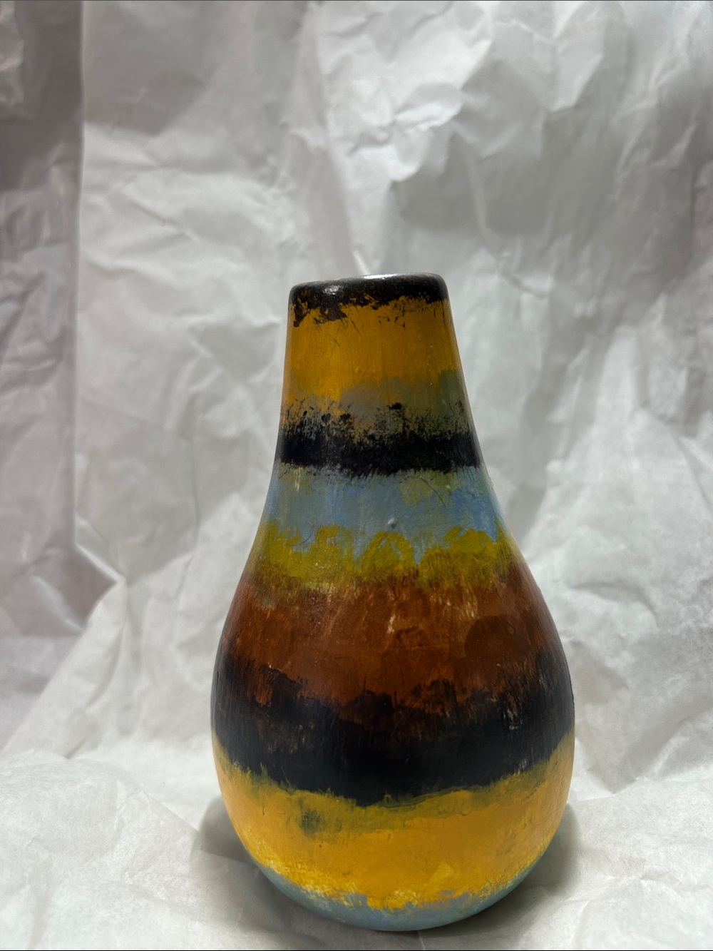 Hand-Painted Striped Votive Vase in Yellow, Blue, Brown